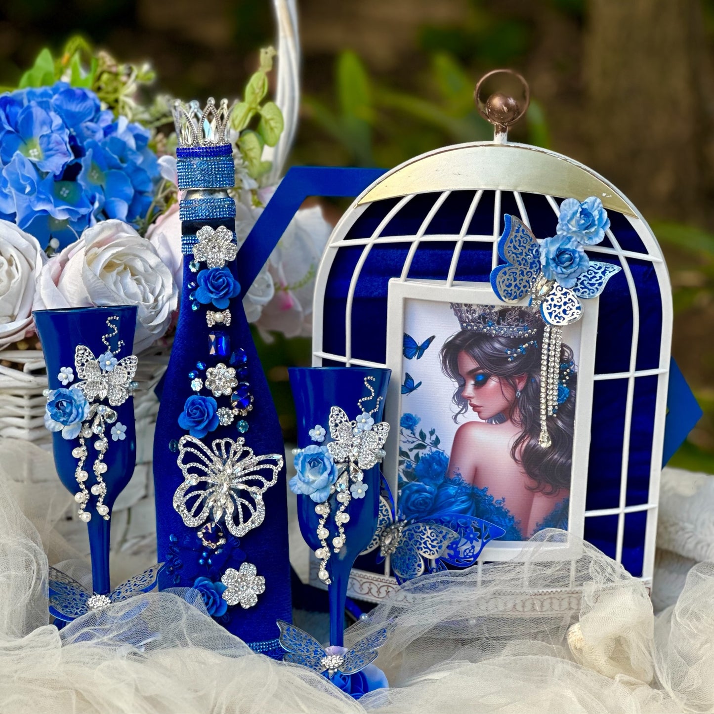 Royal Blue , silver , butterfly theme champagne set