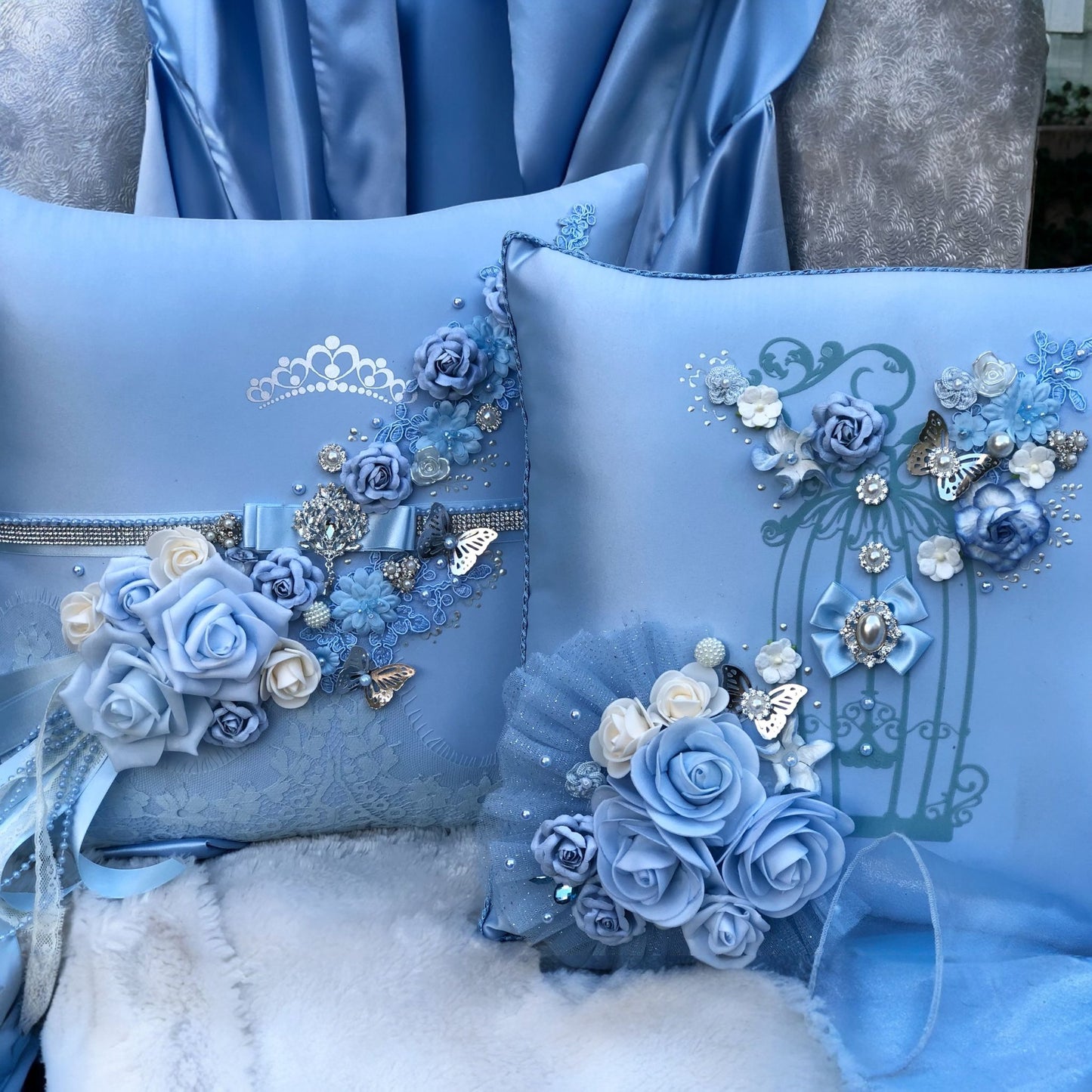 Two baby blue , quince pillows