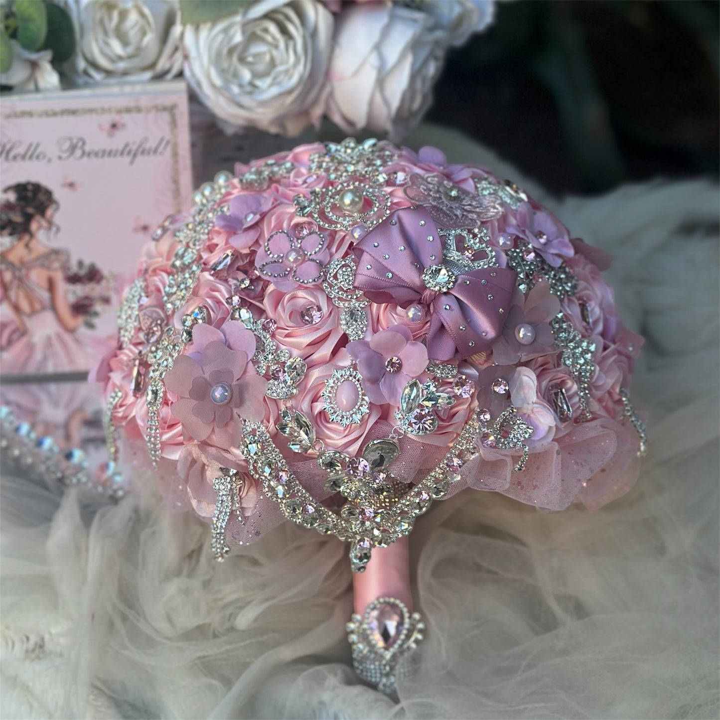 Pink Crystal Embellished Bouquet – Elegant Quince & Bridal Bouquet