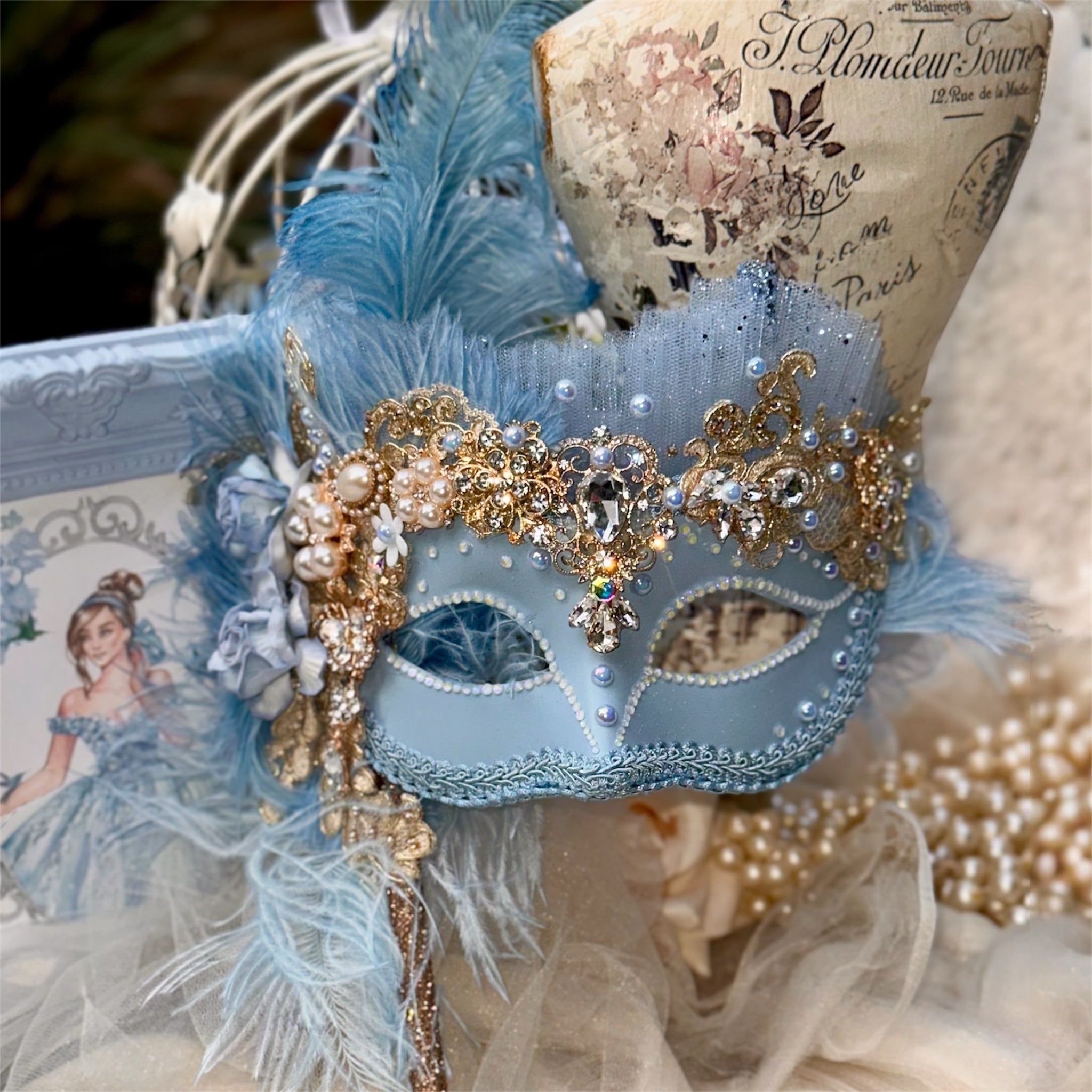 Baby Blue Masquerade Mask with Gold Crystals | Luxury Photoshoot ...
